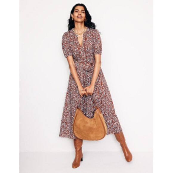 Boden womens autumn brown flower Sofia Trim Jersey Midi Dress size 6 NWT